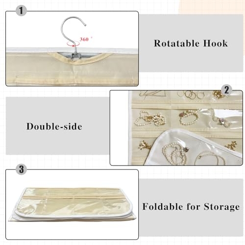 1 Pack Hanging Jewelry Organizer 80-Pocket Dual-sided Jewelry Storage for Earring Necklace Bracelet Ring Travel Holder, White and Beige - color: White and Beige