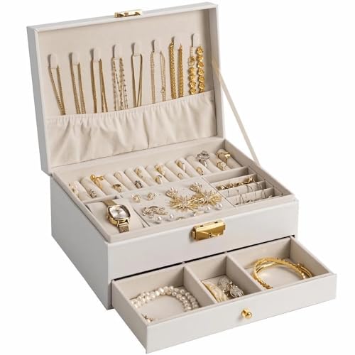 GUOER Jewelry Box for Women Girl Wife - Large PU Leather Jewelry Organizer Storage Case with Two Layers Display for Earrings Bracelets Rings Watches Mother's Day (White) - color: White-01