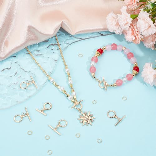 Beebeecraft 1 Box 10Pcs T-bar Closure Connectors 18K Gold Plated Smooth Ring Toggle Clasp End Clasps Connector Sets with 20Pcs Open Jump Rings for DIY Jewellery Making Necklace Bracelet - color: #5 10 sets