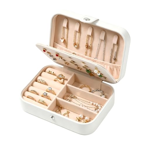 YOJO Travel Jewelry Organizer Case, Portable PU Leather Jewelry Box for Rings, Earrings, Necklaces, Bracelets, Double Layer Jewelry Storage Holder for Women Girls, Travel Accessories for Women (White) - color: White