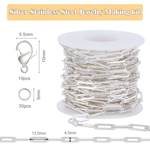 GTVOODX Chunky Paperclip Chain Roll Silver 4 Meters Stainless Steel Handmade Paper Clip Link Chains Spool Bulk for Women Jewelry Making with Lobster Clasps Jump Rings - color: Silver Thick Paperclip Chains
