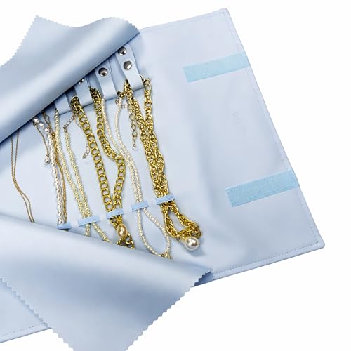 UnionPlus Travel Jewelry Roll, Faux Leather Necklaces Organizer Bag, Elastic Band and Anti-winding, Air Blue - color: Leather Air Blue, size: Medium