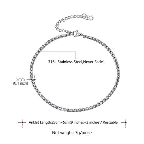 U7 Women Girls Barefoot Jewelry 18K Gold or Rose Gold Stainless Steel Heart/Rope/Figaro/Cuban Chain Anklet Foot Bracelet, 25-30 CM Long - color: Stainless Steel-3mm-Wheat Chain