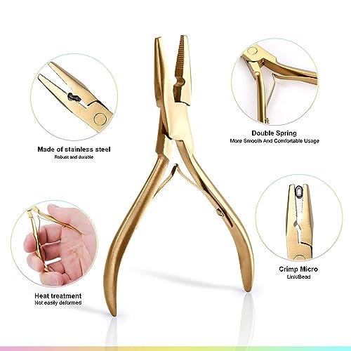 Hair Extension Pliers Kit Microlink Pliers for Extensions Hair Extension Beading Tool Hair Needle Pulling Hook Hair Styling Bead Closer and Remover Pliers - color: Gold