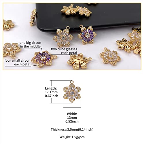 Crystal Zirconia Gold Plated Brass Charms for Jewelry Making Bracelet Necklace Earring Pendant Craft Supplies DIY Accessories - color: FlowerB-Purple-6Pcs