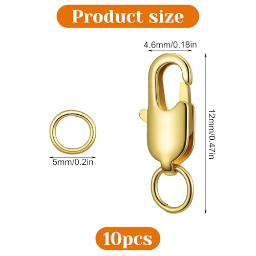 10 Pcs 18k Gold Plated Lobster Claw Clasps, with Closed Jump Rings, Jewelry Findings, Suitable for Necklace Clasps, Bracelet Closures, DIY Ideal for Beginners and Jewelry Making Enthusiasts (Golden)