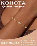 KOHOTA Silver Gold Bracelets for Women Trendy 14K Gold Plated Bracelet for Women Non Tarnish Dainty Stackable Clover Flower Heart Butterfly Diamond CZ Charm Station Bracelets Stack Jewelry Gifts - color: E: Heart-Gold