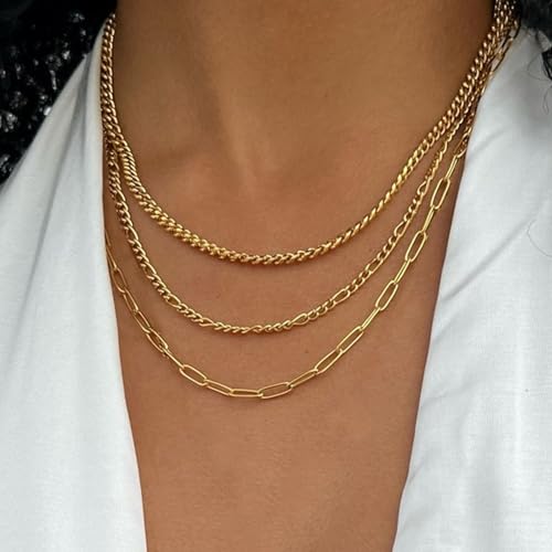 Gold Layered Necklaces for Women, 14K Gold Plated Dainty Gold Chain Choker Necklace Stack, Herringbone Gold Necklaces Set - color: gold-3-Figaro