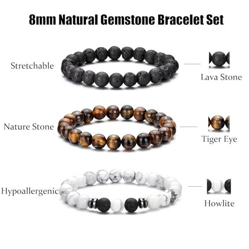 RANKEEF Tiger Eye Bracelet For Men 8MM Natural Stone Stretch Adjustable Black Crystal Beaded Bracelet for Men Women Gifts - color: 2,white,tiger eye