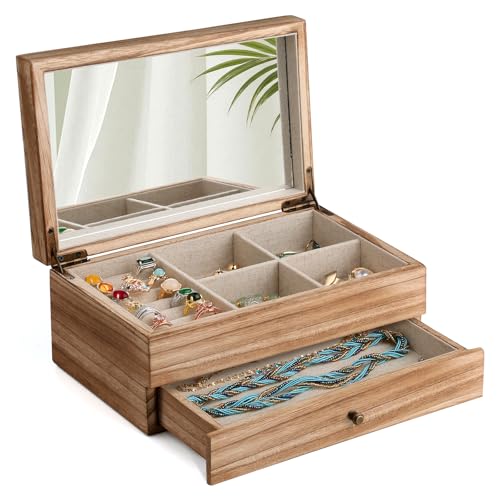 Meangood Jewelry Box Organizer for Women, 2 Layer Large Jewelry Storage Case, Rustic Wooden Jewelry Box with Mirror & Ring Tray for Necklace Earring Bracelets Rings, Vintage Style (Torched Wood) - color: 2 Layer Carbonized Black, size: 2 Layer