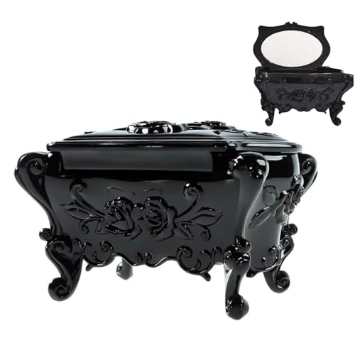Gothic Jewelry Box With Mirror Decorative Black Rose Flower Jewelry Case, Small Jewelry Organizer for Earrings Rings Necklaces Bracelets, 6.3 Inch Retro Multifunctional Storage Box Make Up Organizer