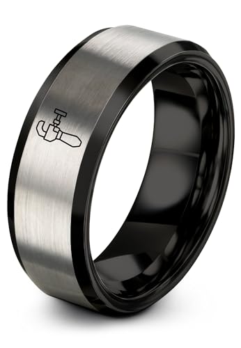 Chain Tool Ring - Gift for Cyclist - 8mm - Band - Gunmetal Black Silver - Personalized Custom Engraving - Men Women - Anniversary Engagement Wedding - Tungsten Carbide - Flat Dome Bevel - color: 15 - Black Grey Tungsten
