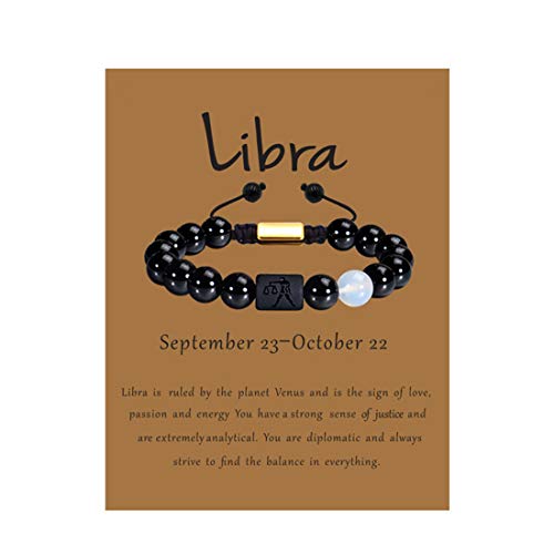 VLINRAS Zodiac Bracelet for Men Women, 8mm 10mm Natural Black Onyx Stone Star Sign Constellation Horoscope Bracelet Gifts