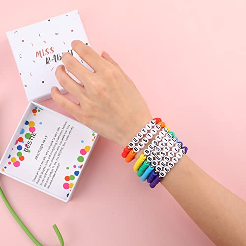 Rainbow Heishi Surfer Bracelets Set for Women Stackable Clay Beaded Bracelets Disc Stretch Preppy Bracelets Layering Colorful Friendship Bracelets Team Cheer Bulk Boho Summer Beach Jewelry Gift - style: BESTIE with Box