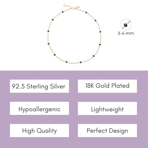 Dainty Gold Necklace for Women,Trendy 18k Gold Vermeil Sterling Silver Choker Necklace Thin Beaded Choker Necklaces Womens Simple Jewelry Gift for Valentines Day - color: February - Amethyst