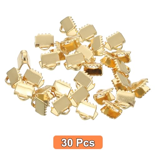 uxcell 30Pcs Ribbon End Crimp Clamps, 6.5mm Pinch Cord End Clasps Stainless Steel Curled Bead Clasp for Ribbon Lace Bookmark Ends Keychain DIY Making, Gold - size: 6.5mm
