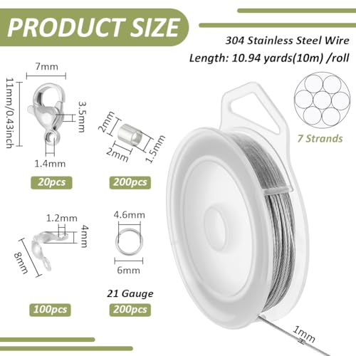BENECREAT 33Feet Stainless Steel Beading Wire, 7 Strand 1mm, with 200Pcs Jump Rings, 20Pcs Lobster Claw Clasps, 100 Pcs Bead Tips and 200Pcs Crimp Beads, Jewelry Making Supply
