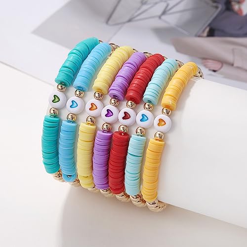 COLORFUL BLING 5-12Pcs Bohemian Love Heart Bead Bracelets for Women Vinyl Disc Heishi Surfer Stackable Stretch Bracelet Summer Beach Boho Jewelry - color: 7pcs pure