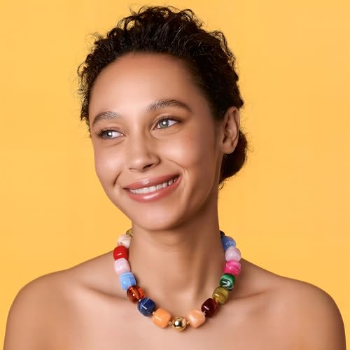 Chunky Necklaces for Women, Trendy Colorful Square Acrylic Resin Beads Statement Choker Necklace, Lightweight Boho Summer Beach Vacation Jewelry - color: Mixed color
