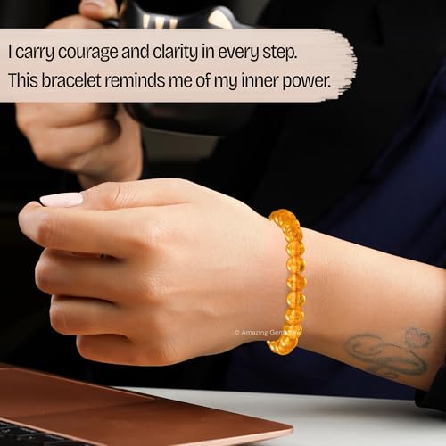 Amazing Gemstone Amber Quartz Bracelet for Women Men's Gifts - Protection Healing Crystal Bracelet - 8mm Gemstone Beaded Adjustable Bracelet Pulseras Para Hombres Mujer Stocking Stuffers - color: Amber