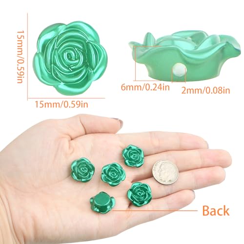 100pcs 15 mm Lovely Rose Flower Beads Green ABS Plastic Roseflower Shape Spacer Beads Floral Flatback Charms Embellishments for DIY Necklace Earrings Jewelry Making Craft Supplies - color: Green
