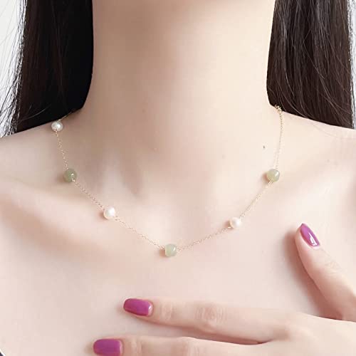 Natural Hetian Jade & Pearls Beaded Necklace Bracelet Jewelry for Women, Lucky Green Jade White Pearl Charm Adjustable Chain Jewelry Gift for Mom Lover her - color: Necklace