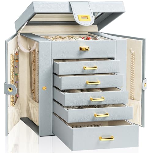 AKOZLIN Functional 6-Tier Jewelry Box Organizer with 5 Drawers Leather Jewelry Storage Case for Women Girls Ring Necklace Earring Bracelet Holder Organizer with Mirror Grey - color: Grey, size: Regular