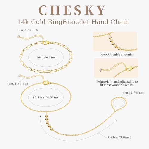 CHESKY 14K Gold Plated Hand Chain Bracelets for Women Set - Dainty Finger Ring Bracelet Stack Adjustable Hand Chains Durable Beaded Bracelets Trendy Simple Body Jewelry Gift for Women - style: cz+clip