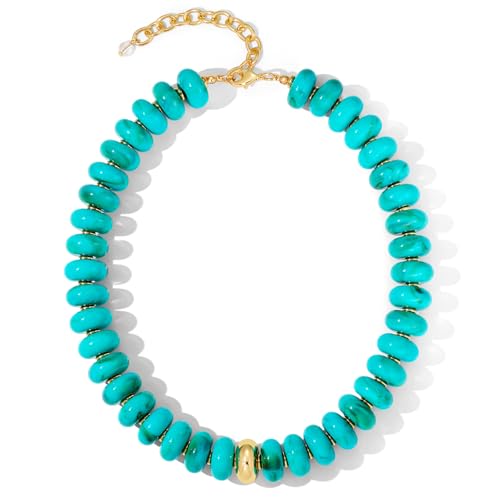 Mothers Day Gifts Chunky Beaded Choker Necklace for Women Statement Necklace with Gold Accent Adjustable Beach Summer Jewelry Trendy Boho Necklaces in Multiple Colors y2k Jewelry - color: Turquoise