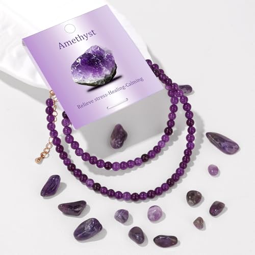 Crystal Choker Necklaces for Women,4mm Handmade Natural Stone Choker Beaded Necklace Healing Crystal Necklace Gemstone Bead Necklaces for Women - color: Amethyst