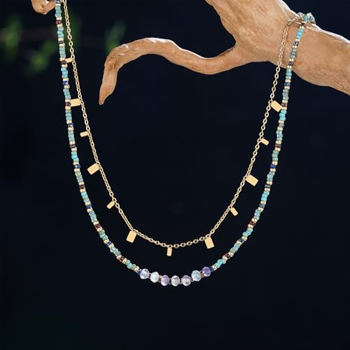 Plumiss Boho Handmade Natural Jasper Stone Beaded Crystal Mixed Strand Short Necklace for Women Girl - color: Fluorite