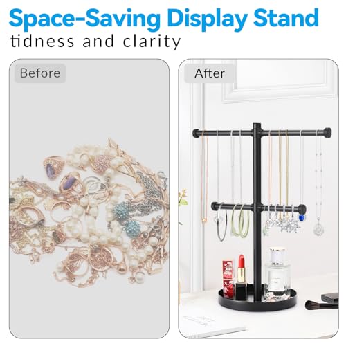 bodkar Necklace Holder Organizer Stand,2-Tier Sturdy Metal Jewelry Stand with Round Tray for Bracelet Bangles Holder Display,12.9" Tall for Long Necklace - color: Black