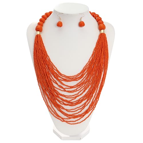 Bocar Necklace for Women, Multi Layer Statement Necklace, Long Chain Chunky Bib Seed Beads Necklace, Necklace Earring Set for Women Gift (NK-10693) - color: Orange-set