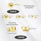 Gold Earrings Post for Jewelry Making, 12Pcs 3/4/5mm 925 Sterling Silver Earrings Ball Studs with Loop, Hypoallergenic Gold Ear Findings Butterfly Backs Supplies Set Studs Posts for Earrings Making - color: Ball_Gold