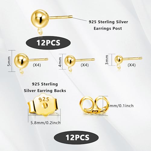 Gold Earrings Post for Jewelry Making, 12Pcs 3/4/5mm 925 Sterling Silver Earrings Ball Studs with Loop, Hypoallergenic Gold Ear Findings Butterfly Backs Supplies Set Studs Posts for Earrings Making - color: Ball_Gold