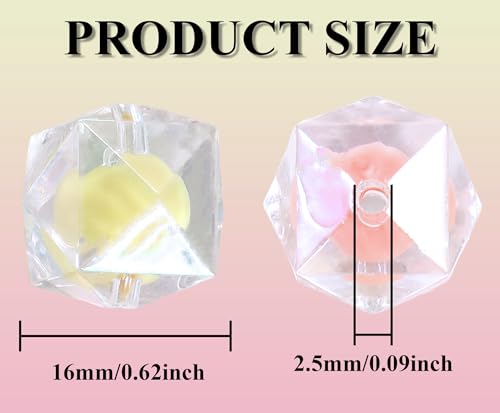 15Pcs Acrylic Square Polygonal Beads 16mm UV Bead in Bead Fit for DIY Jewelry Bracelet Necklace Keychain Beadable Pens Mobile Phone Chain Making Cute (Faceted Bead in Bead) - color: Faceted Bead in Bead