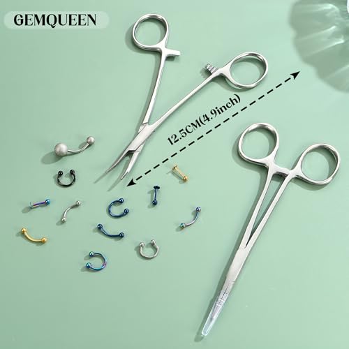 GEMQUEEN Piercing Curved and Straight Forceps for Changing Jewelry - 316L Surgical Stainless Steel Pliers Tool Set Locking Tweezers Clamps for Removal Earrings Lip Nose Rings 2 PCS - color: Silver