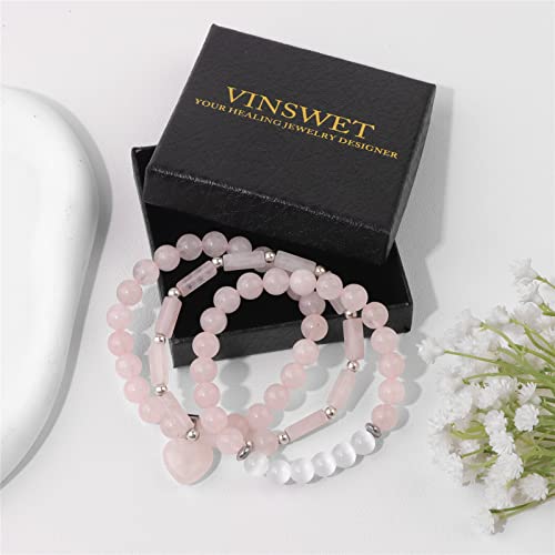 Vinswet Healing Crystal Beaded Bracelets for Women,Natural Amethyst Gemstones Bracelet,Anxiety Stress Relief Heart Charm Bracelet Handmade purple Jewelry Gifts for Women - color: Rose Quartz&Moonstone