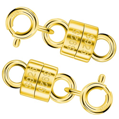 Serundo Auto 925 Sterling Silver Magnetic Necklace Clasps and Closures Min Magnetic Clasps for Necklaces Bracelets Chain Extender Connector for Jewelry Making Necklace 2Pack - color: gold