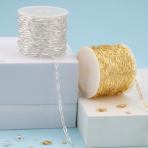 Kyutong 32.8 Feet Gold and Silver Jewelry Making Chains 2 Rolls Paperclip Chain Necklace with Clasps for Women DIY Jewelry Crafts - color: 3.2x6.3 Paperclip Chain