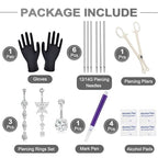 Yugui Belly Button Piercing Kit 17PCS - Body Piercing Kit with Navel Rings Piercing Pliers Disposable 12G 14G Stainless Steel Piercing Needles Tools for DIY Piercing Self Belly Piercing Kit, Silver