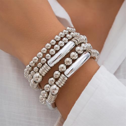 5Pcs Gold Bead Bracelets Set for Women,14K Gold Plated Stackable Bead Ball Bracelets Set,Adjustable Chunky Bangles Bracelets,Boho Stretch Bead Ball Bracelet for Women - color: 5Silver