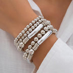 5Pcs Gold Bead Bracelets Set for Women,14K Gold Plated Stackable Bead Ball Bracelets Set,Adjustable Chunky Bangles Bracelets,Boho Stretch Bead Ball Bracelet for Women - color: 5Silver