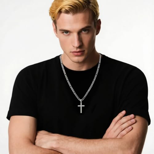 CaptainSteeL Cross Necklace for Men - Stainless Steel Silver/Gold Plain Cross Pendant Necklace Simple Jewelry Gifts, 20/22/24/26 Inches 3:1 Figaro Link Chain 4/5/6mm Width - size: 20inch, style: 4mm Silver