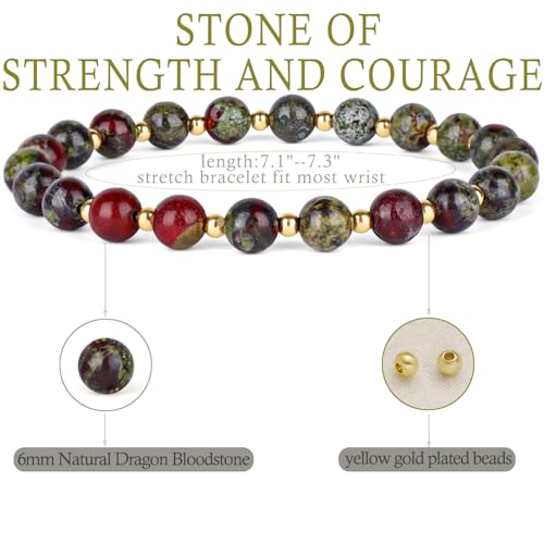 QOGIR 14k gold Handmade Healing Bracelet, Natural Gem Stone Crystal Elastic Gold Bracelet - color: Dragon Bloodstone - Strength and Courage, size: 6m