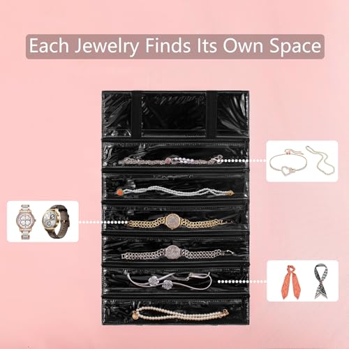 Travel Jewelry Organizer Foldable Jewelries Rolls Makeup Cosmetics Storage Bag for Earrings Rings Necklaces Bracelets with Zippered Pockets (6 Pockets)
