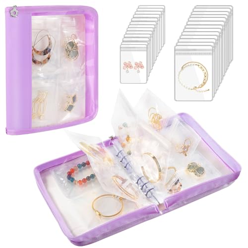 Emibele Travel Jewelry Organizer Case for Women, Large Capacity Jewelry Storage Binder with 96 Clear Zippered Pouches, Tangle-Free Necklace Organizer, Portable Compact Jewelry Travel Case, Purple - color: Purple