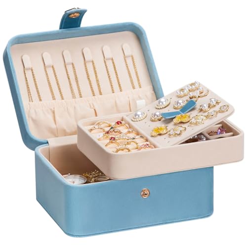 Homde Jewelry Box Small for Women: Ring Earring Organizer Storage for Dresser - Necklace Bracelets Holder with Multi Compartments(Light Blue) - color: Light Blue