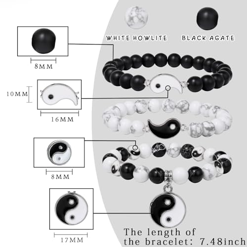 Vinswet Healing Crystal Beaded Bracelets for Women,Natural Amethyst Gemstones Bracelet,Anxiety Stress Relief Heart Charm Bracelet Handmade purple Jewelry Gifts for Women - color: white howlite&black agate