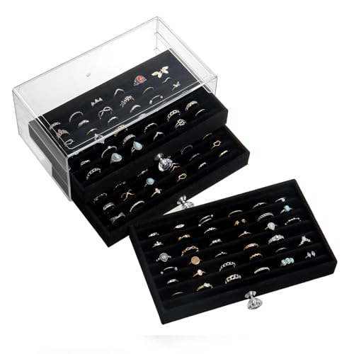 SPAKOWN Ring Box Display Holder, Clear Velvet Jewelry Storage Tray Organizer for Ring Stud Earring (Black - 3 Drawers) - color: Black, size: 3 Drawers